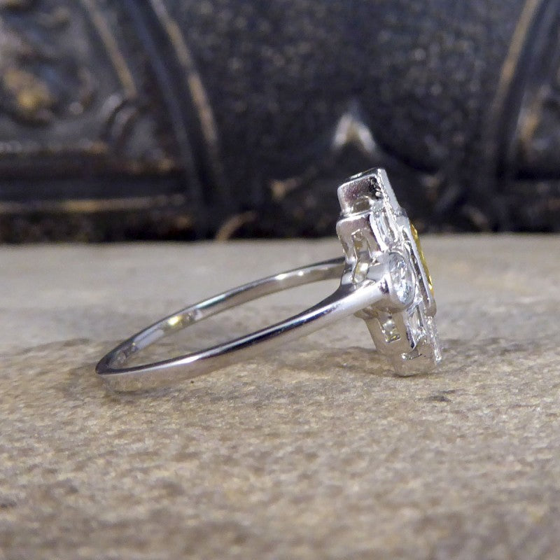 Art Deco Style 1.10ct Yellow Sapphire and Diamond Cluster Ring