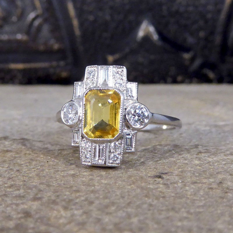 Art Deco Style 1.10ct Yellow Sapphire and Diamond Cluster Ring