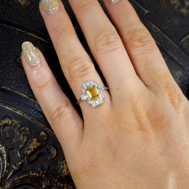 Art Deco Style 1.10ct Yellow Sapphire and Diamond Cluster Ring