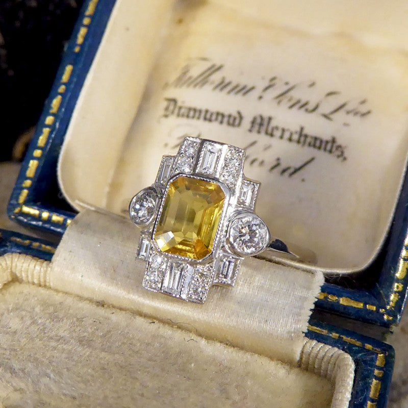 Art Deco Style 1.10ct Yellow Sapphire and Diamond Cluster Ring