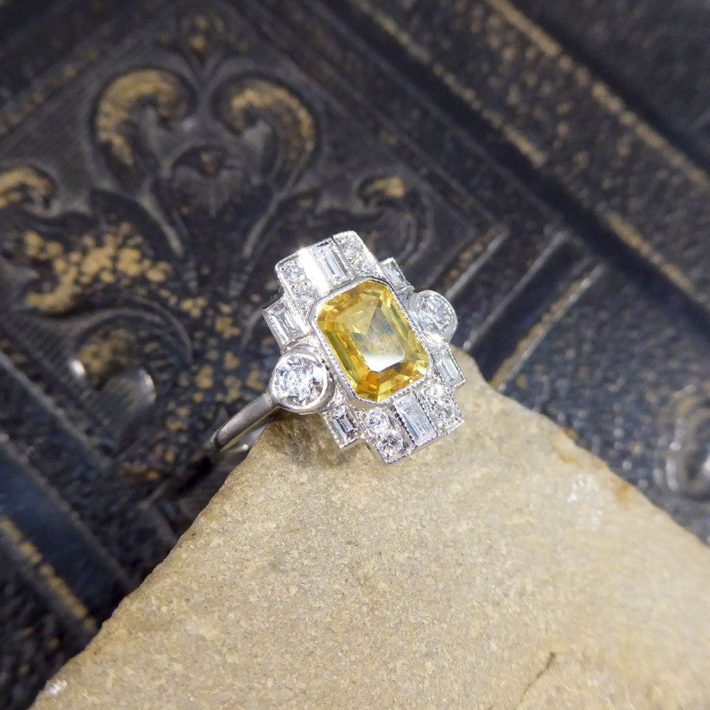 Art Deco Style 1.10ct Yellow Sapphire and Diamond Cluster Ring
