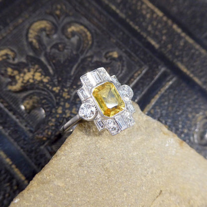 Art Deco Style 1.10ct Yellow Sapphire and Diamond Cluster Ring