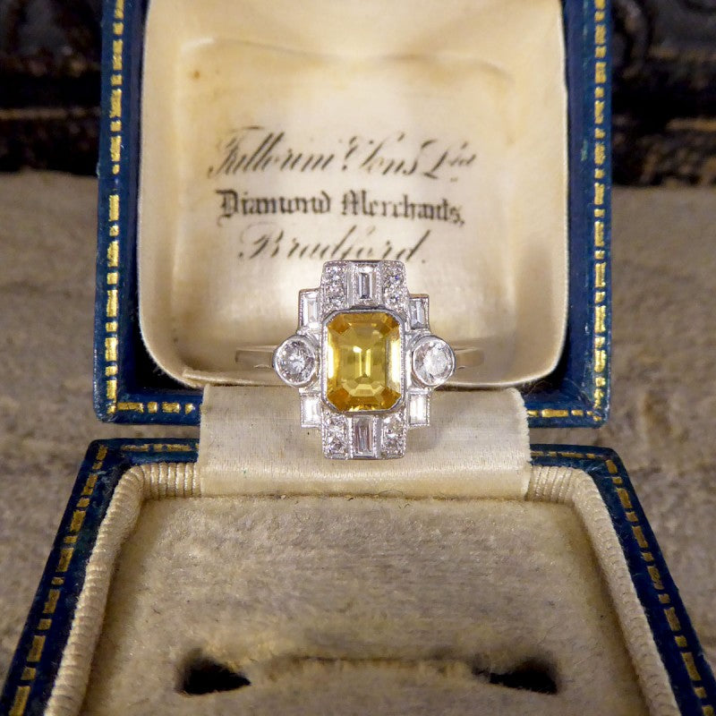 Art Deco Style 1.10ct Yellow Sapphire and Diamond Cluster Ring