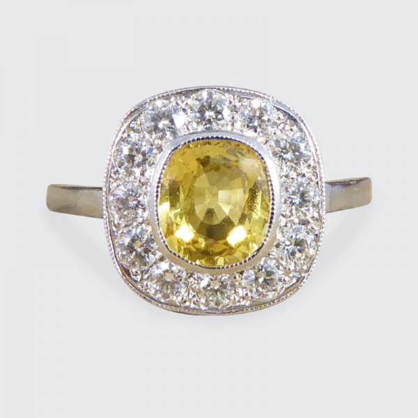 Art Deco Style 1.20ct Yellow Sapphire and Diamond Cluster Ring