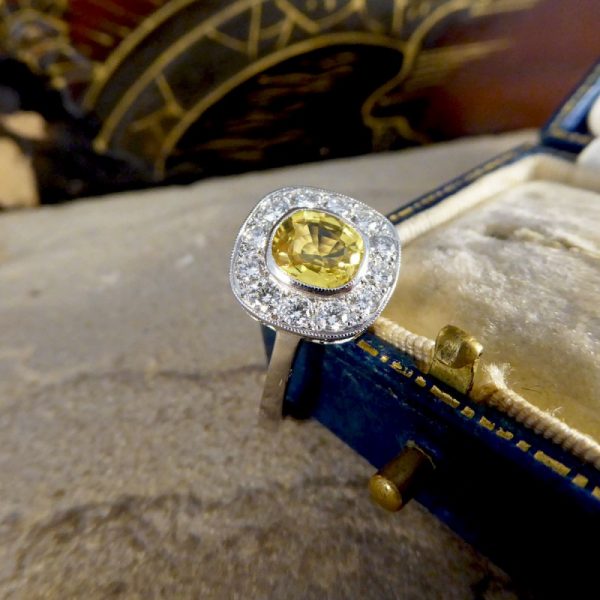 Art Deco Style 1.20ct Yellow Sapphire and Diamond Cluster Ring