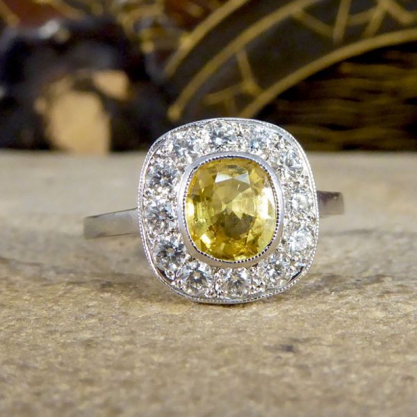 Art Deco Style 1.20ct Yellow Sapphire and Diamond Cluster Ring
