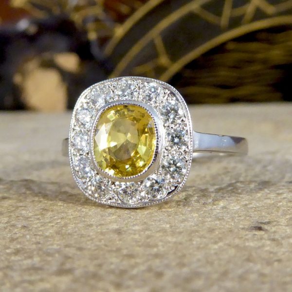 Art Deco Style 1.20ct Yellow Sapphire and Diamond Cluster Ring