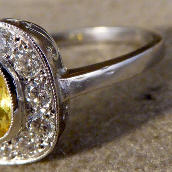 Art Deco Style 1.20ct Yellow Sapphire and Diamond Cluster Ring