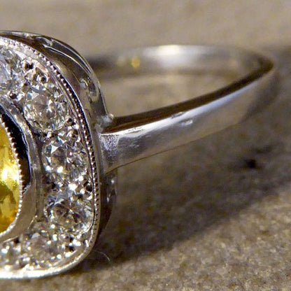 Art Deco Style 1.20ct Yellow Sapphire and Diamond Cluster Ring