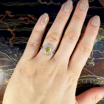Art Deco Style 1.20ct Yellow Sapphire and Diamond Cluster Ring