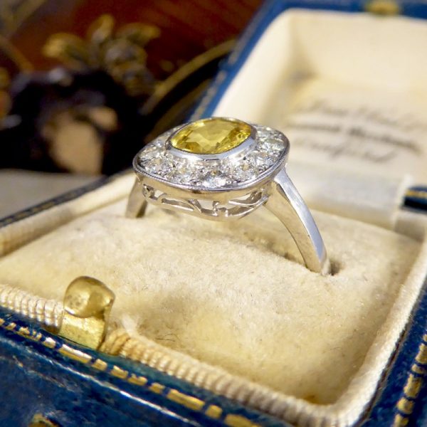 Art Deco Style 1.20ct Yellow Sapphire and Diamond Cluster Ring