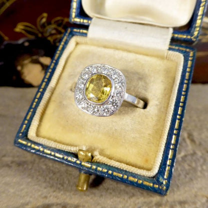 Art Deco Style 1.20ct Yellow Sapphire and Diamond Cluster Ring