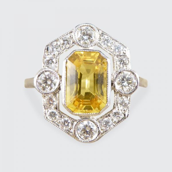 Art Deco Style 1.25ct Yellow Sapphire and Diamond Geometric Halo Ring