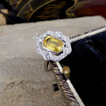 Art Deco Style 1.25ct Yellow Sapphire and Diamond Geometric Halo Ring