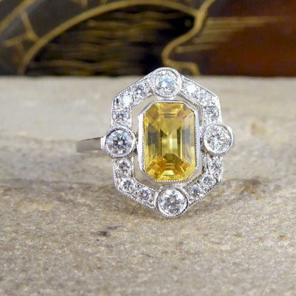 Art Deco Style 1.25ct Yellow Sapphire and Diamond Geometric Halo Ring