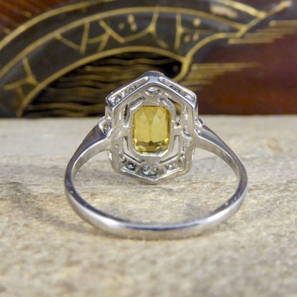 Art Deco Style 1.25ct Yellow Sapphire and Diamond Geometric Halo Ring