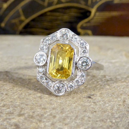 Art Deco Style 1.25ct Yellow Sapphire and Diamond Geometric Halo Ring
