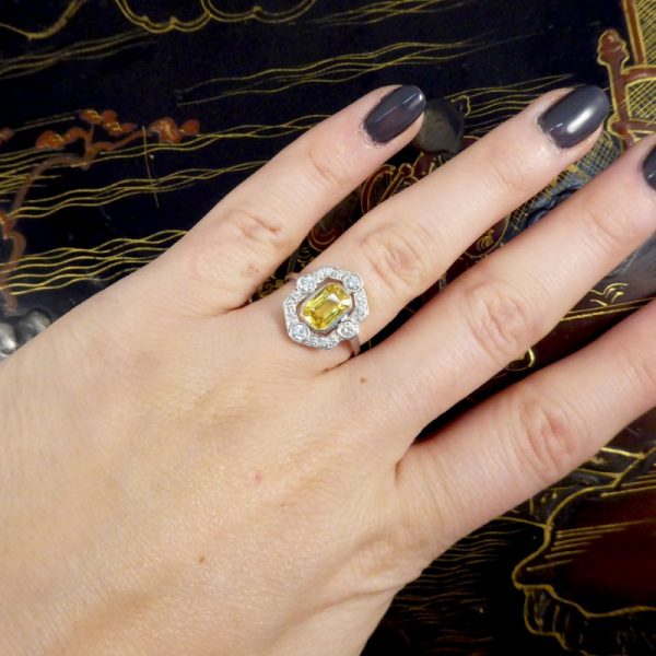 Art Deco Style 1.25ct Yellow Sapphire and Diamond Geometric Halo Ring