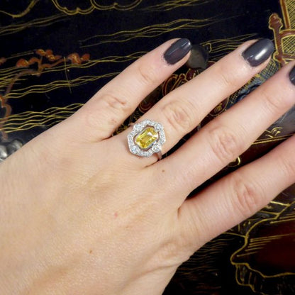 Art Deco Style 1.25ct Yellow Sapphire and Diamond Geometric Halo Ring
