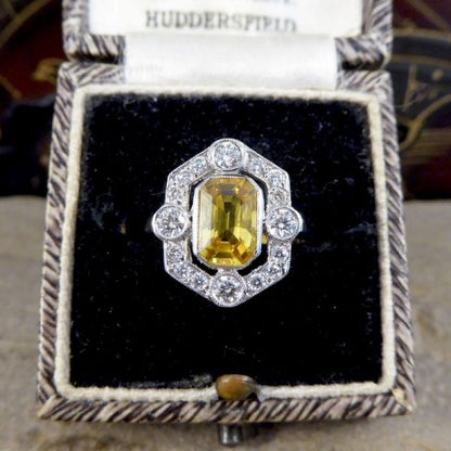 Art Deco Style 1.25ct Yellow Sapphire and Diamond Geometric Halo Ring
