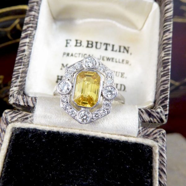 Art Deco Style 1.25ct Yellow Sapphire and Diamond Geometric Halo Ring