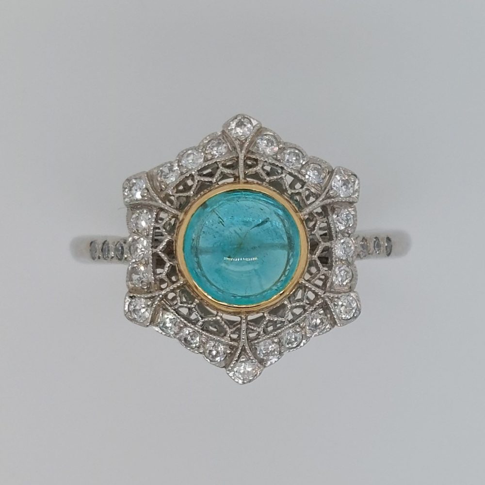 Art Deco Style 1.40ct Cabochon Emerald and Diamond Cluster Ring