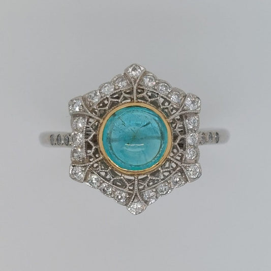 Art Deco Style 1.40ct Cabochon Emerald and Diamond Cluster Ring