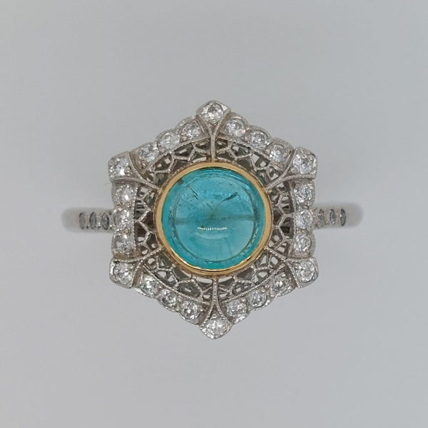 Art Deco Style 1.40ct Cabochon Emerald and Diamond Cluster Ring