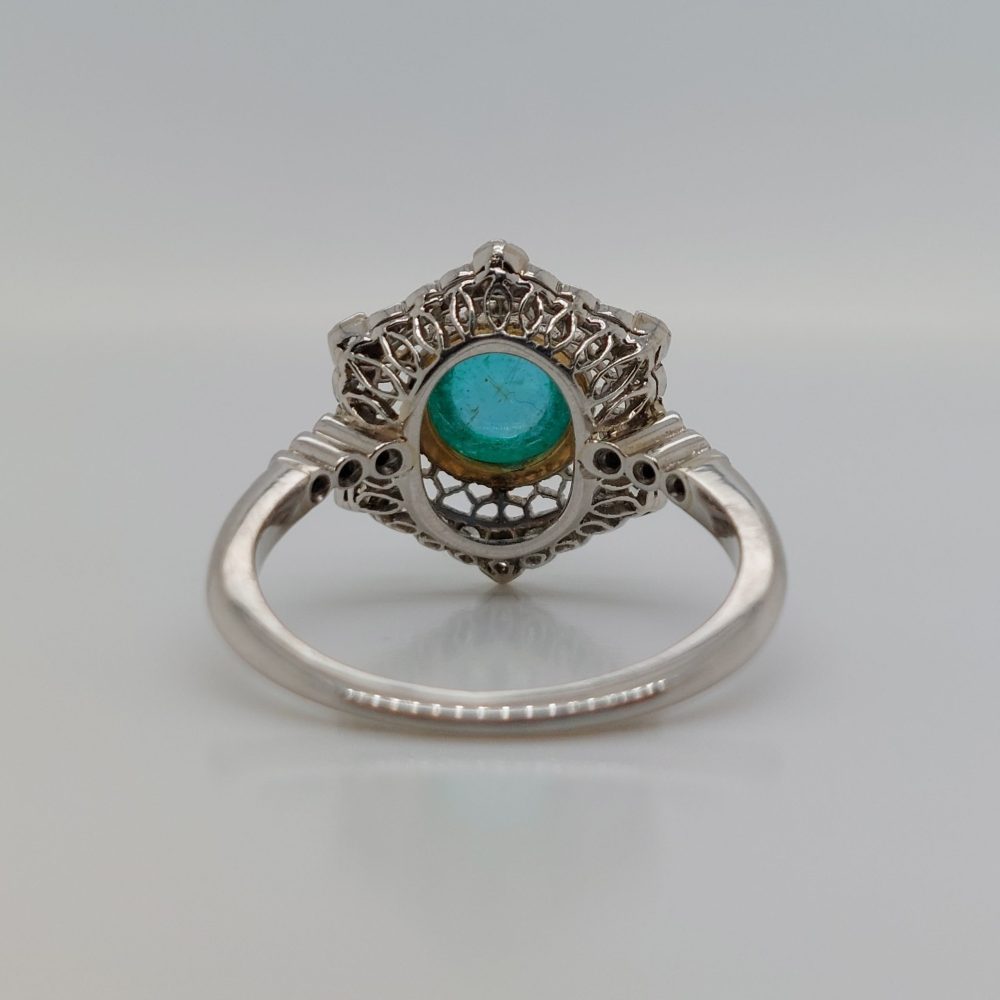 Art Deco Style 1.40ct Cabochon Emerald and Diamond Cluster Ring