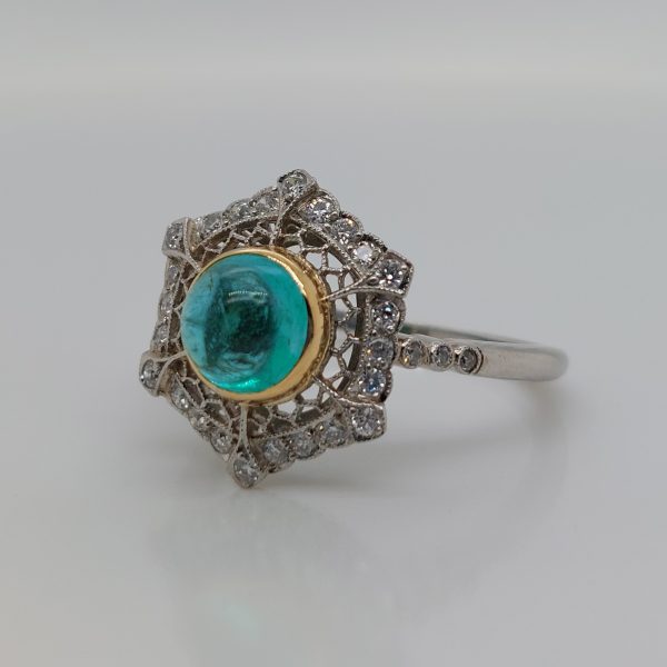 Art Deco Style 1.40ct Cabochon Emerald and Diamond Cluster Ring