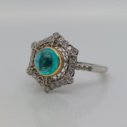 Art Deco Style 1.40ct Cabochon Emerald and Diamond Cluster Ring