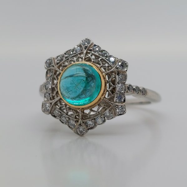 Art Deco Style 1.40ct Cabochon Emerald and Diamond Cluster Ring