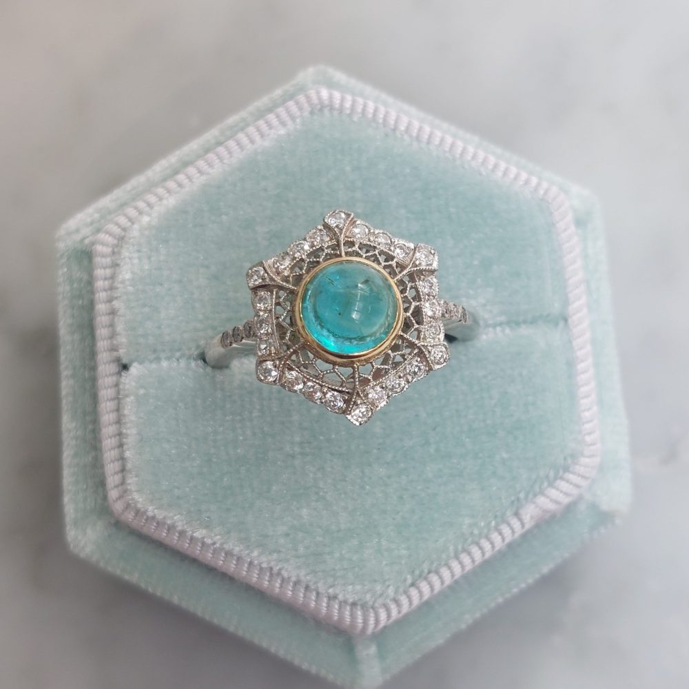 Art Deco Style 1.40ct Cabochon Emerald and Diamond Cluster Ring
