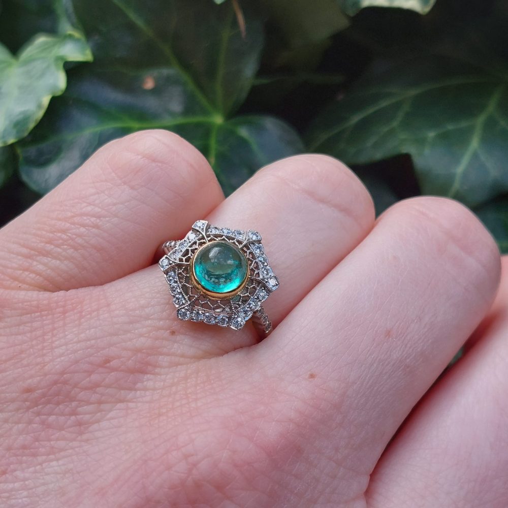Art Deco Style 1.40ct Cabochon Emerald and Diamond Cluster Ring
