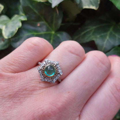 Art Deco Style 1.40ct Cabochon Emerald and Diamond Cluster Ring