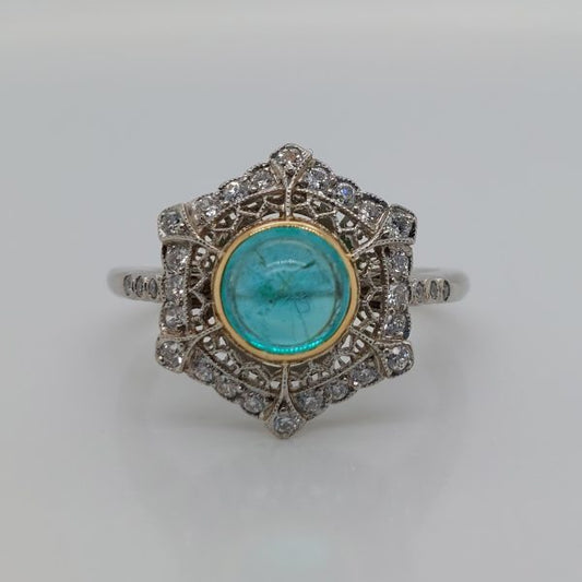 Art Deco Style 1.40ct Cabochon Emerald and Diamond Cluster Ring