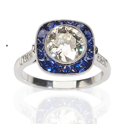Art Deco Style 1.49ct Old Cut Diamond and Sapphire Ring