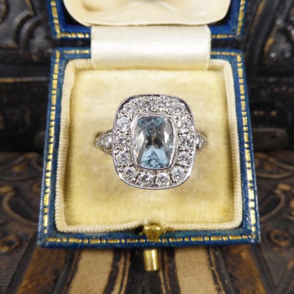 Art Deco Style 1.50ct Aquamarine and Diamond Cluster Ring