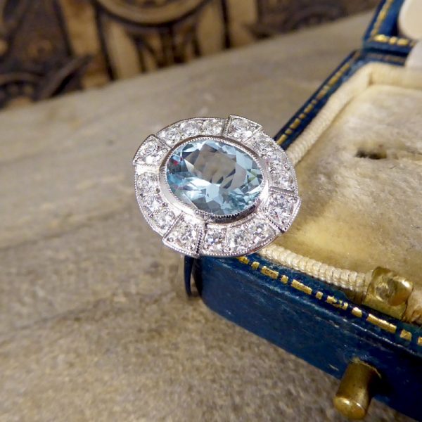 Art Deco Style 1.50ct Aquamarine and Diamond Cross Cluster Ring