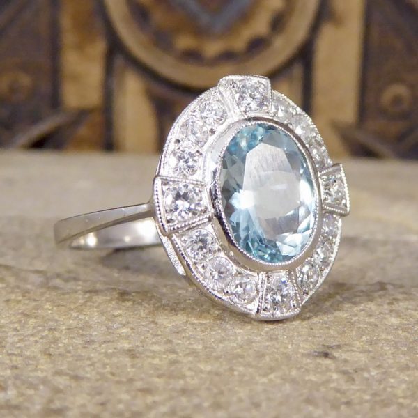 Art Deco Style 1.50ct Aquamarine and Diamond Cross Cluster Ring