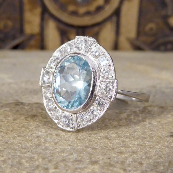 Art Deco Style 1.50ct Aquamarine and Diamond Cross Cluster Ring