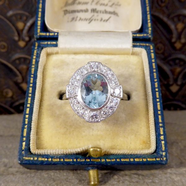 Art Deco Style 1.50ct Aquamarine and Diamond Cross Cluster Ring