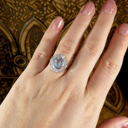 Art Deco Style 1.50ct Aquamarine and Diamond Cross Cluster Ring