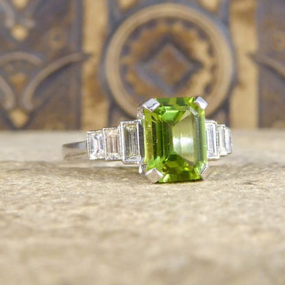 Art Deco Style 1.60ct Peridot Ring with Baguette Diamond Shoulders