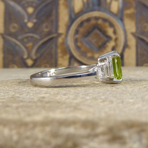 Art Deco Style 1.60ct Peridot Ring with Baguette Diamond Shoulders