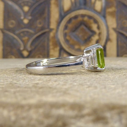 Art Deco Style 1.60ct Peridot Ring with Baguette Diamond Shoulders