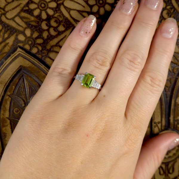 Art Deco Style 1.60ct Peridot Ring with Baguette Diamond Shoulders