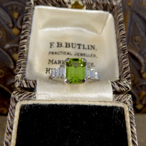 Art Deco Style 1.60ct Peridot Ring with Baguette Diamond Shoulders