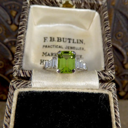 Art Deco Style 1.60ct Peridot Ring with Baguette Diamond Shoulders