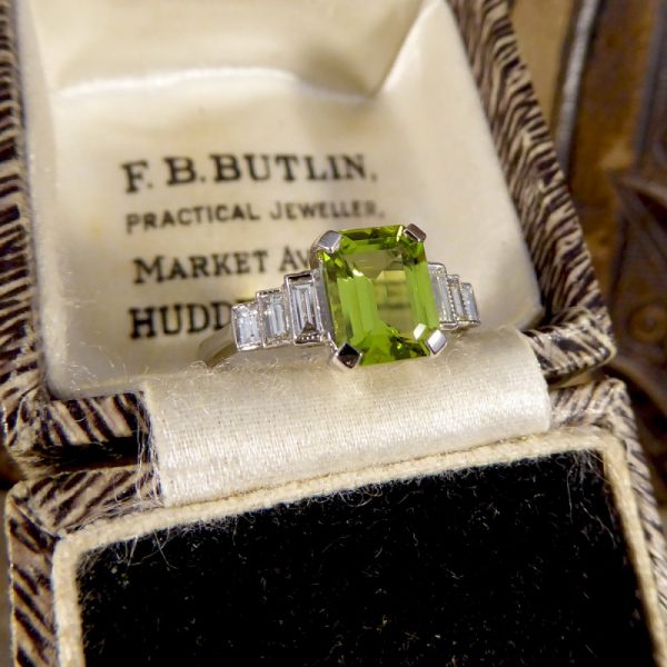 Art Deco Style 1.60ct Peridot Ring with Baguette Diamond Shoulders